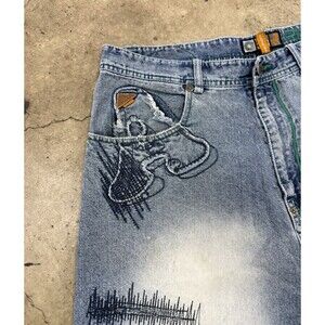 Akademiks Shorts Mens 36 Denim Distressed Baggy Embroidered Patch Hip Hop Y2K